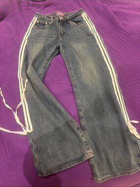 Edikted Dark Wash Flared Jeans with Cream Side Stripes